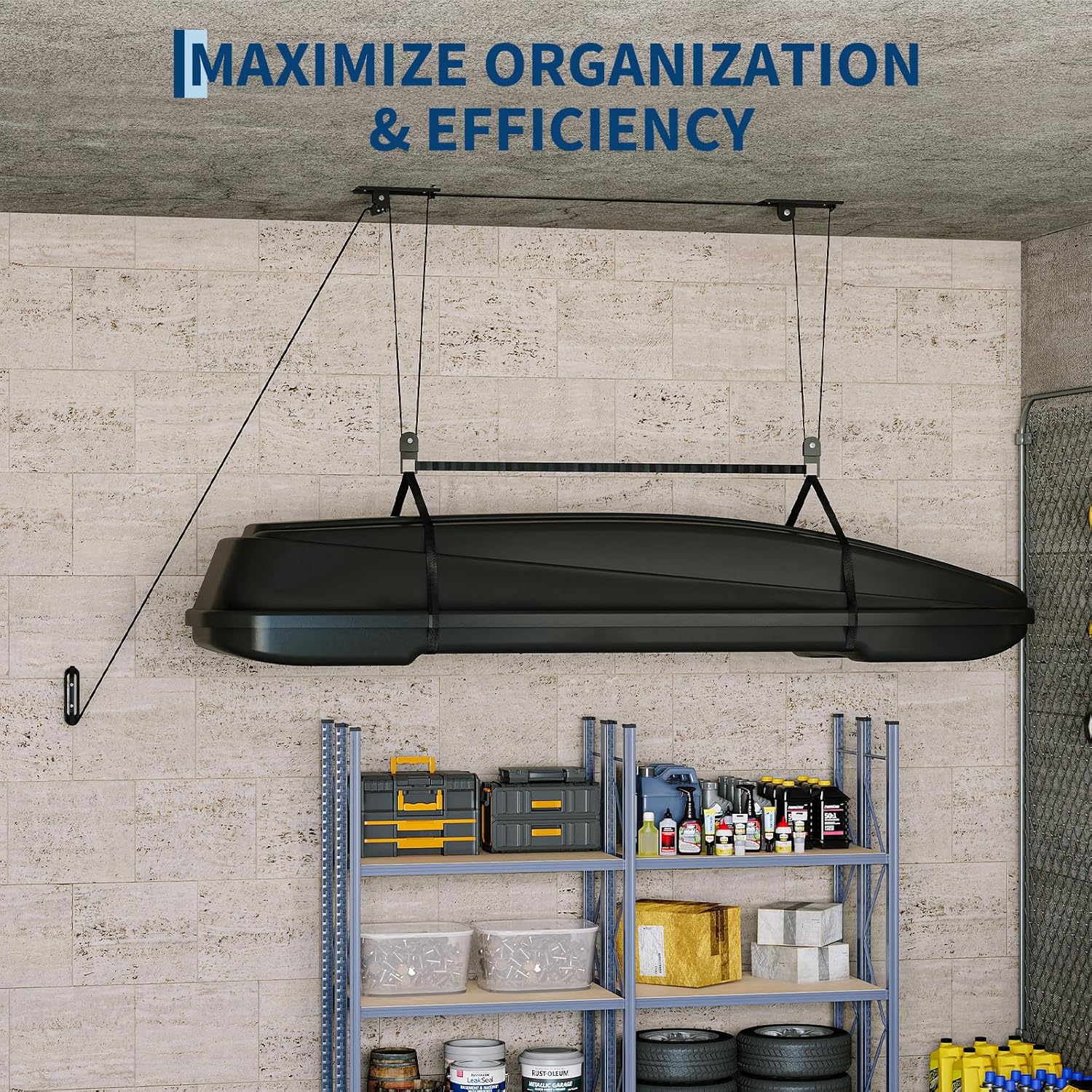 PrecisionAuto Cargo Box Garage Pulley System, Professional Heavy-Duty Ceiling Hoist for Rooftop Cargo Boxes & Large Storage Bins, 200 Lb Rated Capacity, Fits 10–14 ft Garage Ceilings