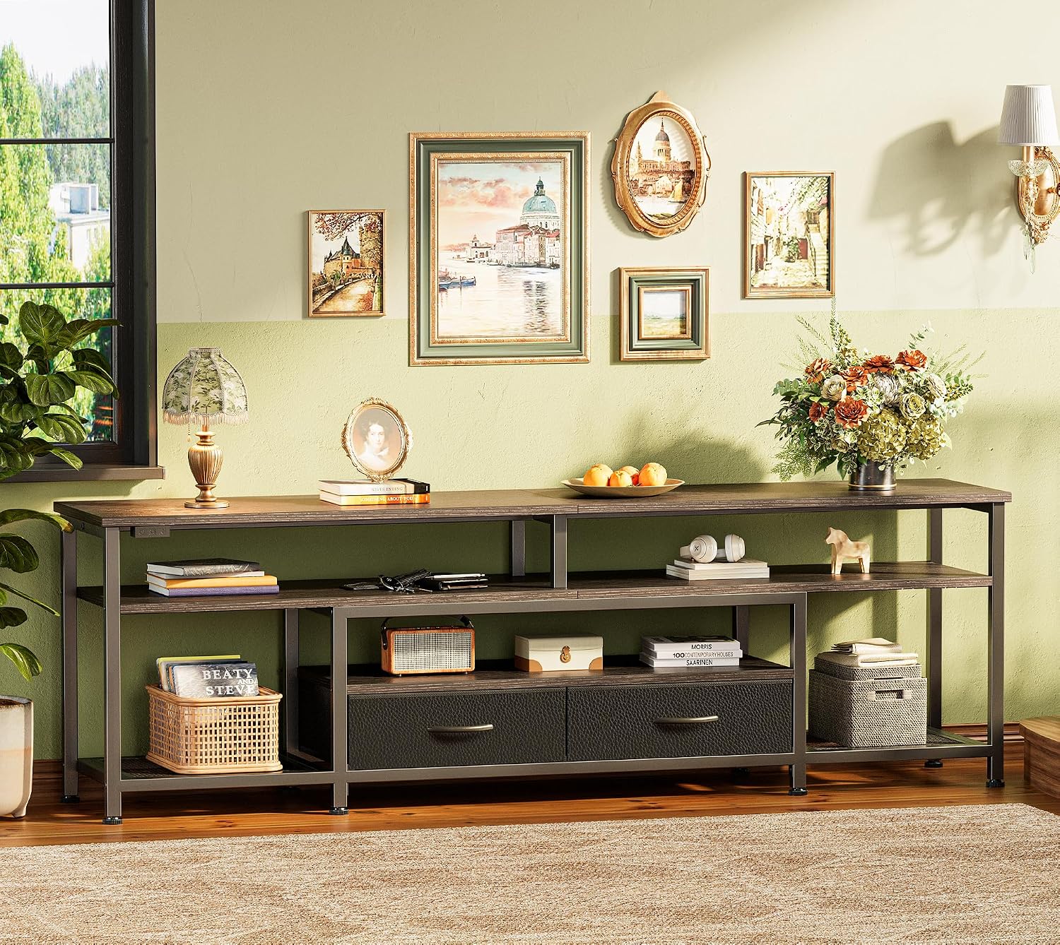 Huuger 63 Inch LED TV Stand for 65 70 Inch TV, Entertainment Center with Open Shelves and Power Outlets, TV Console for Living Room, Media Console with Drawers, Black