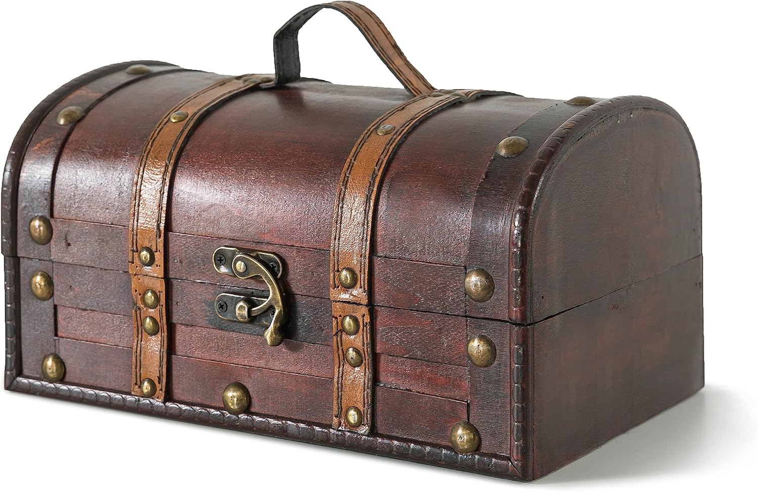 SLPR - Small Wooden Storage Box with Hinged Lid and Handle, 11x7x5.7 In | Vintage Suitcase Style Treasure Chest for Keepsakes, Decorative Wood Case with Latch, Antique Travel Trunk Box Decor