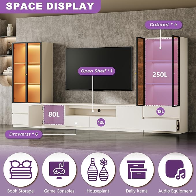 126" White Modern Entertainment Center for 65/70/75/80/85 inch TV, Included TV Stand and Two Glass Display China Cabinet, 3-Piece Lighted Media Console for Living Room (ABA-126 Cabinets Set)