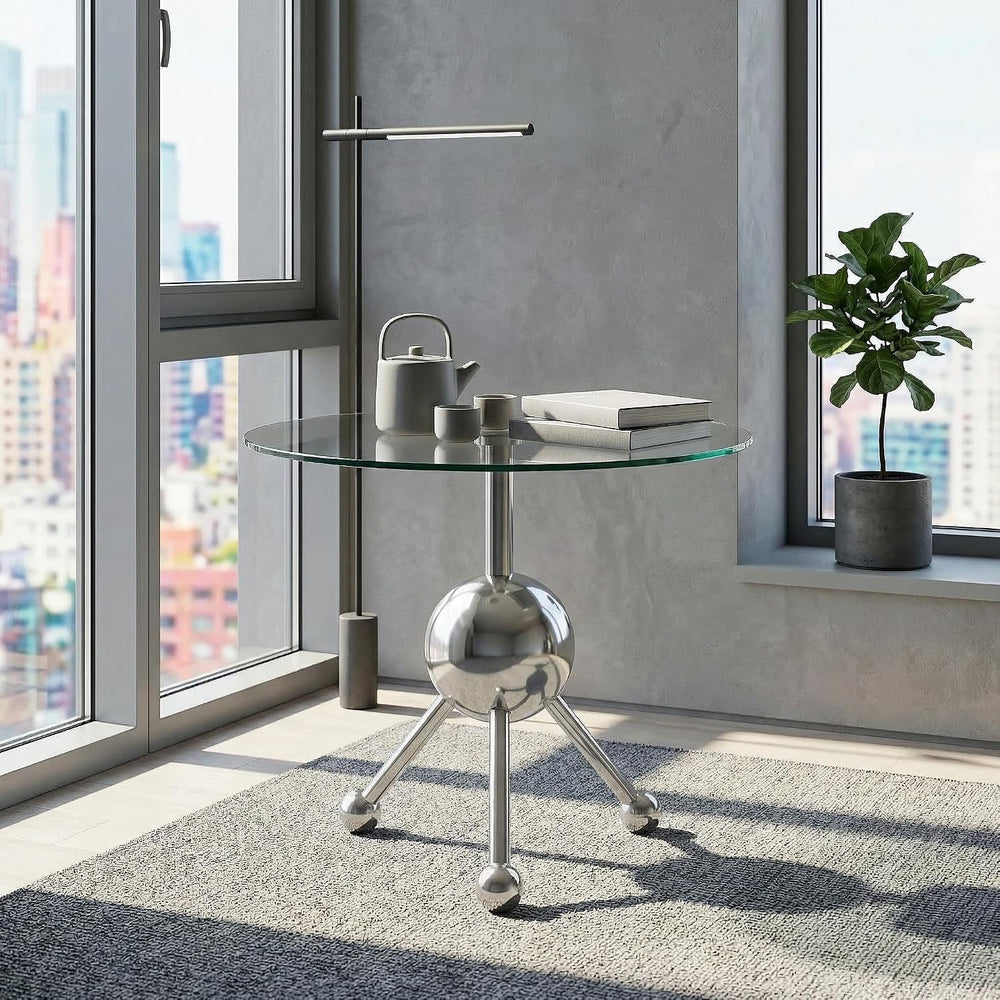 FT Global 19.7-Inch Round Glass End Table, Stainless Steel Sphere Tripod Base...