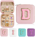 Parima Initial Jewelry Box for Women Girls, Pink Jewelry Travel Case | Chenille Letter Patches Jewelry Box | Multifunctional Personalized Travel Jewelry Case | Birthday Gifts - Letter D, Pink