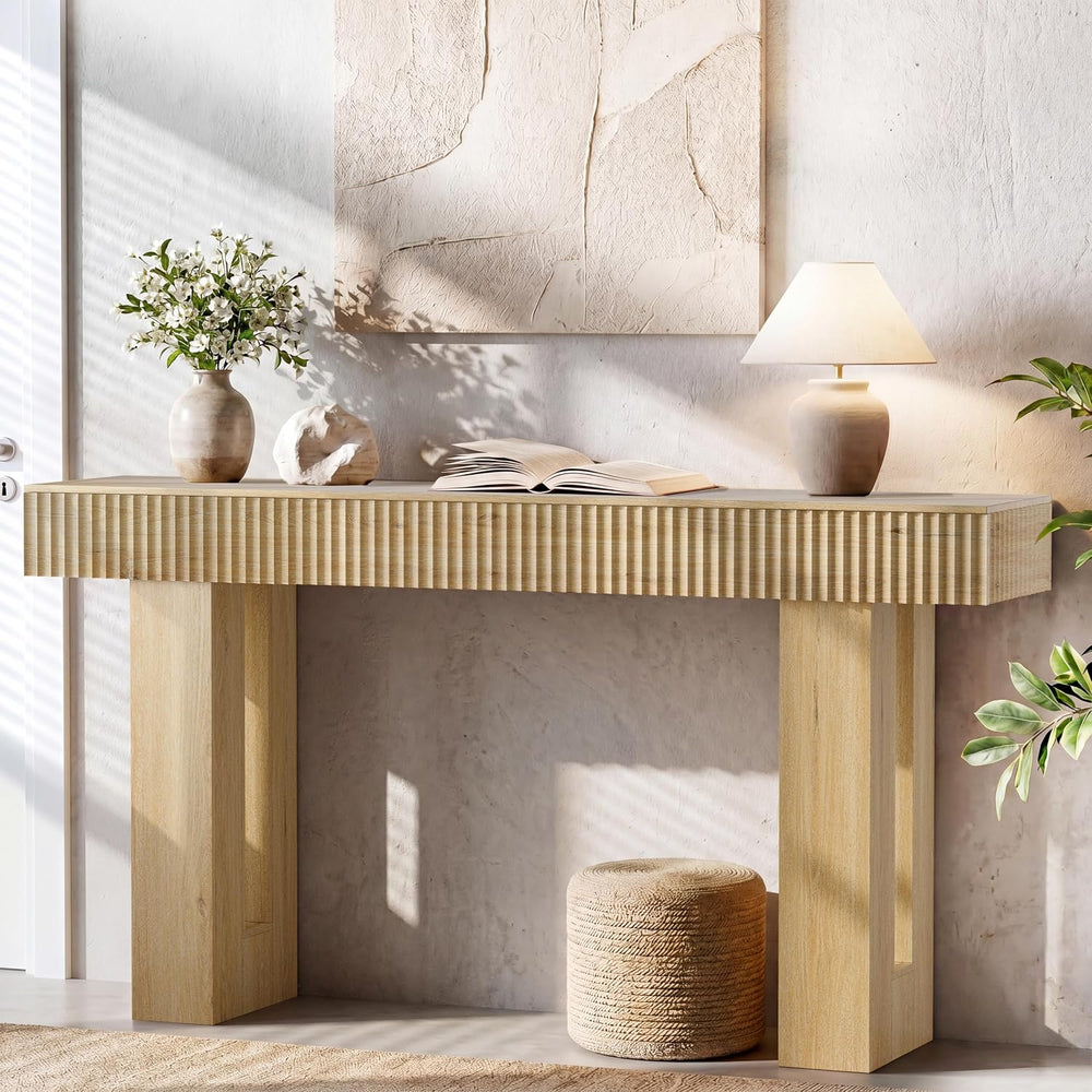 63" Long Console Table, Fluted Sofa Table Behind Couch, Natural Oak | Na...