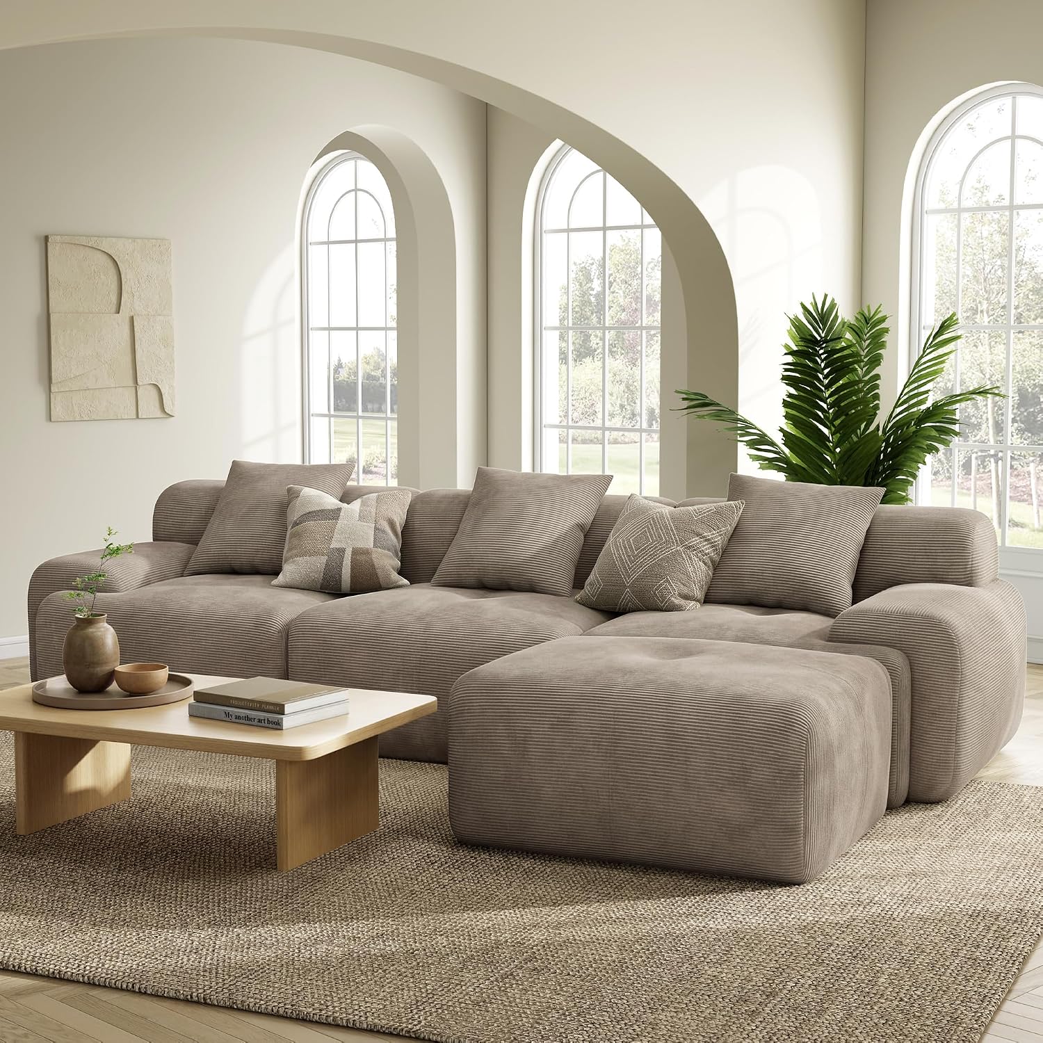 LIKIMIO LumiCord Modular Sectional Sofa with Ottoman, 118" L-Shaped Boneless Couch for Living Room, Oversized Deep Seat with Corduroy Upholstery, No Assembly Required, Light Brown