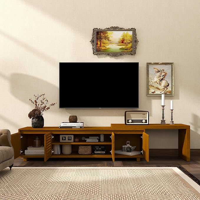 Ball & Cast 63" Mid-Century Modern Extendable TV Stand TVs up to 75", Expandable Media Console with Slatted Doors & Concealed Storage, Wood Grain Entertainment Center for Living Room,Brown Ebony