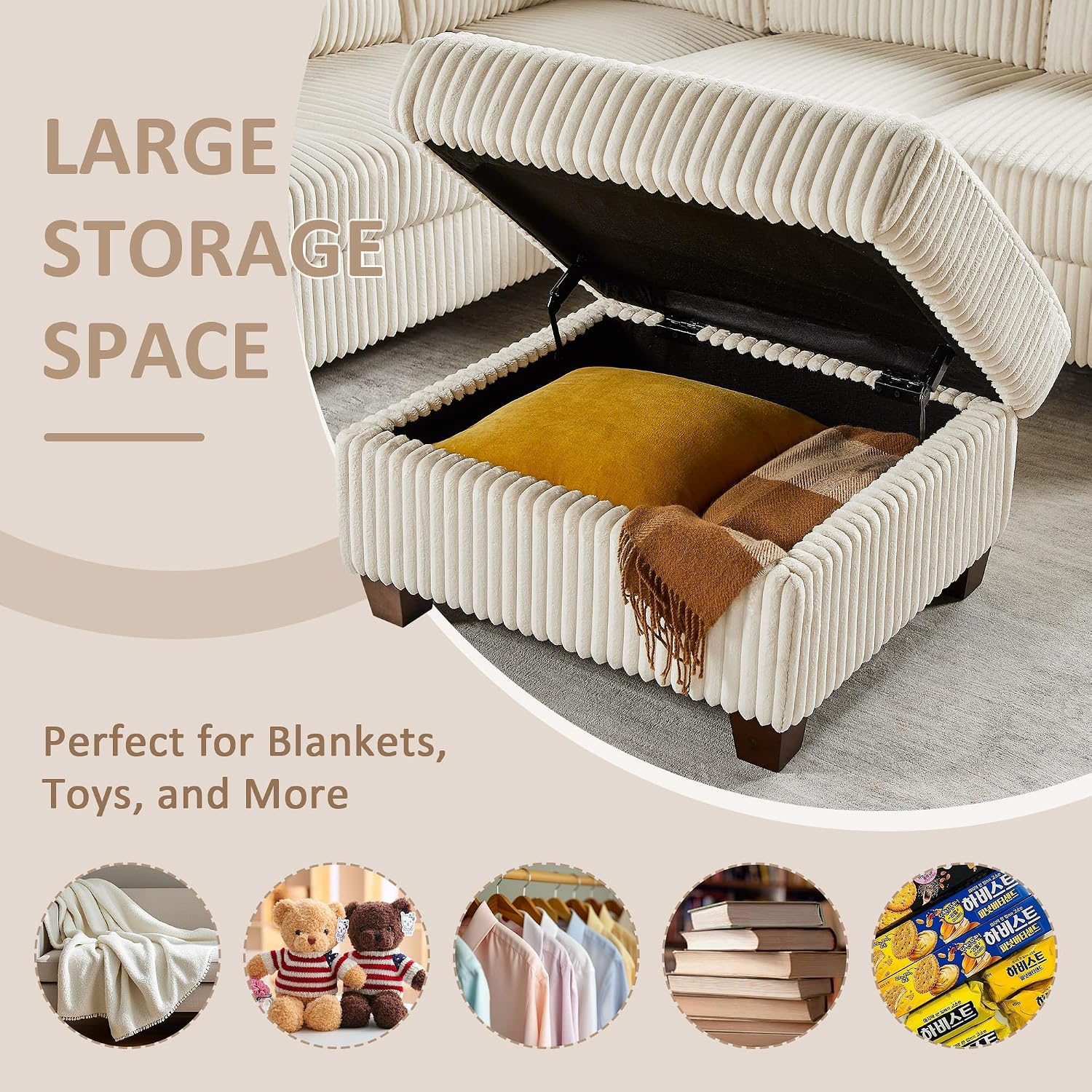 90.6" V-Shaped Sectional Sofa with Storage Ottoman, Corduroy Beige | Cloud Comfort, Couches for Living Room, 5-Seat, Comfy Deep Seat, 2 Throw Pillows, Bedroom, Apartment, Office