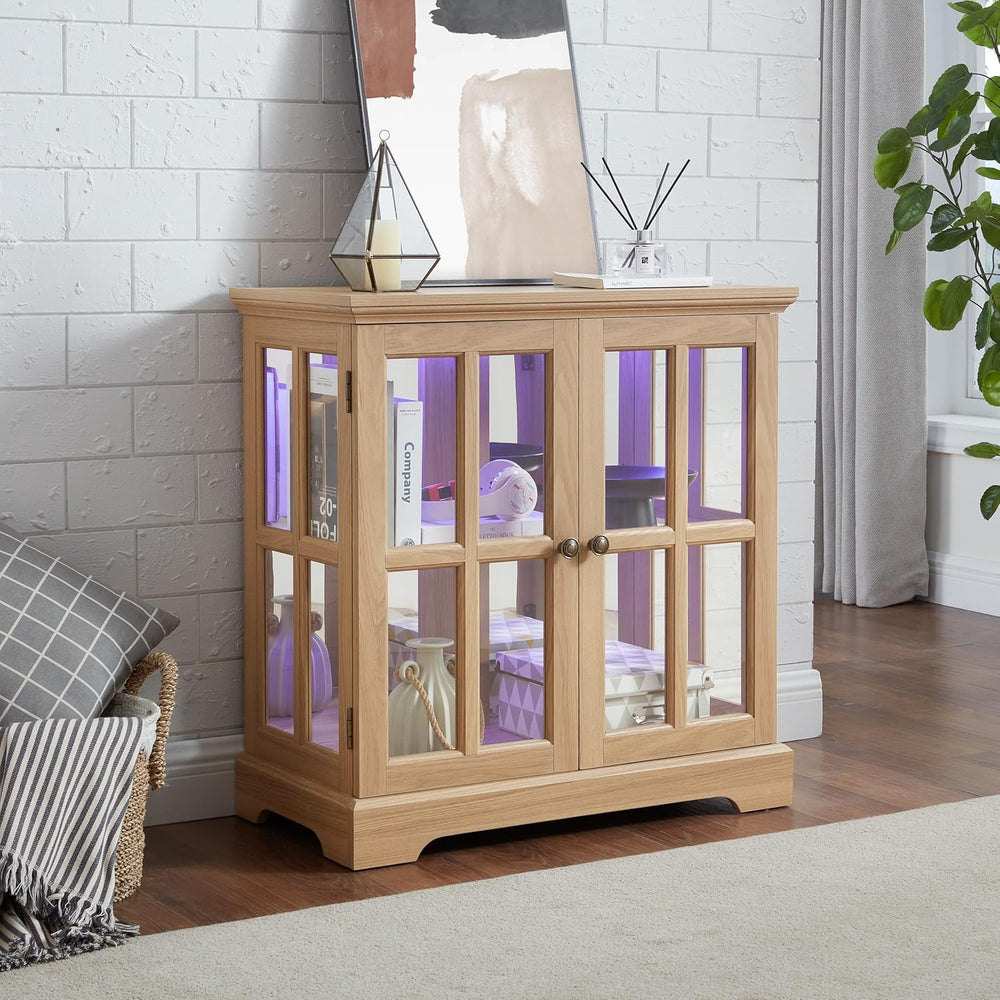 Small Curio Cabinet with Glass Doors and LED Lights, 30.32” W Black Wood Disp...