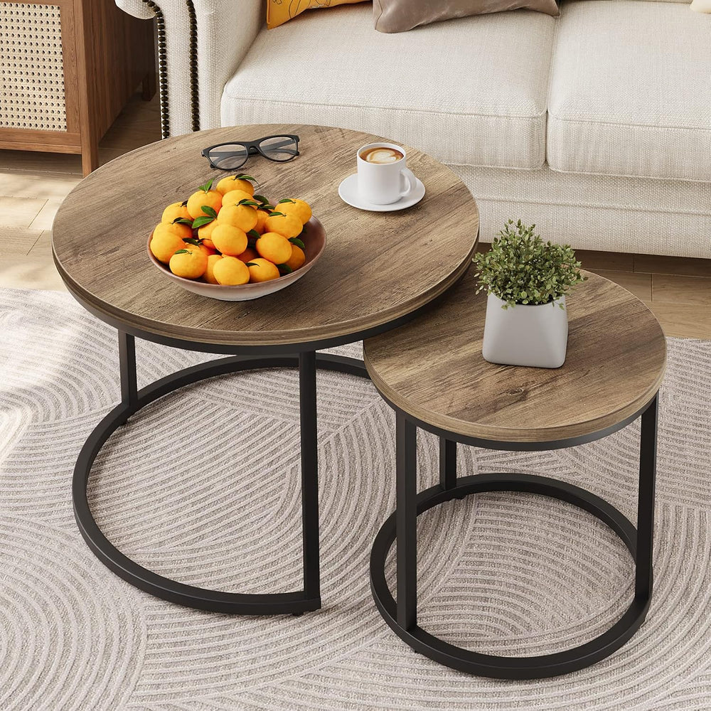 Smuxee Nesting Coffee Table Set of 2, 23.6" Round Coffee Table Wood Grai...