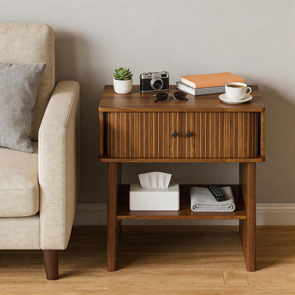 Nightstand with Fluted Sliding Door, 3-Tier Side Table with Hidden Cabinet an...