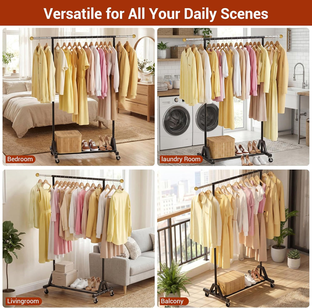 Rolling Garment Rack - Retractable Clothes Rack with Hanging Rods, Lockable W...