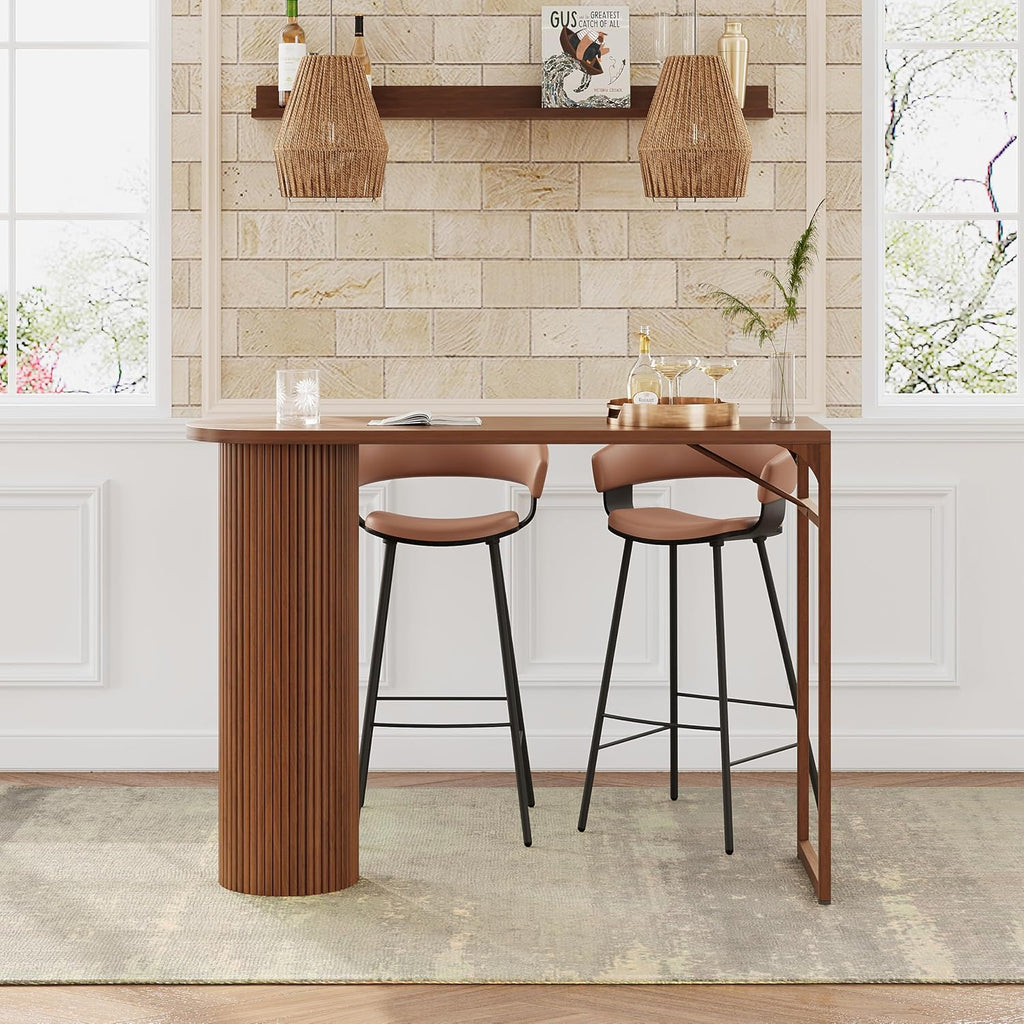 55" Long Bar Table, Fluted Wood Counter Height Pub Table, High Top Kitchen Breakfast Bar Tables with Sturdy Metal Frame, Modern Bar Height Dining Table for Bistro, Dining Room, Living Room