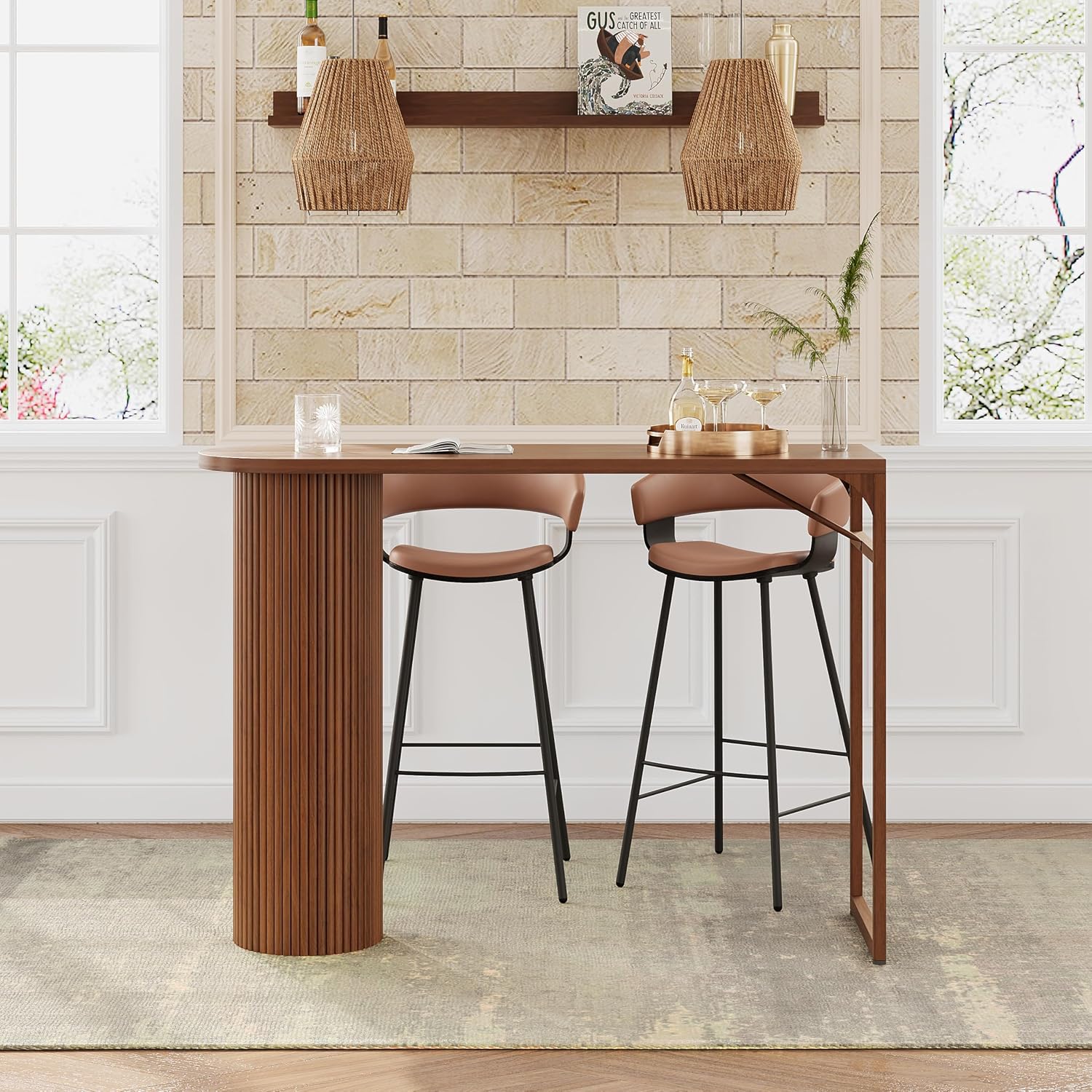55" Long Bar Table, Fluted Wood Counter Height Pub Table, High Top Kitchen Breakfast Bar Tables with Sturdy Metal Frame, Modern Bar Height Dining Table for Bistro, Dining Room, Living Room