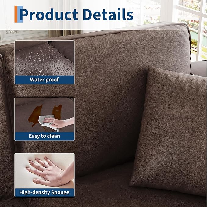 Faux Leather Couch with 2 Throw Pillows, Sofa Couches for Living Room, 3 Seater Sofa with Wide Armrests, Wood Legs, Deep Seats, Back Cushion, Sturdy Support Feet, for Office, Living Room, Dark Brown