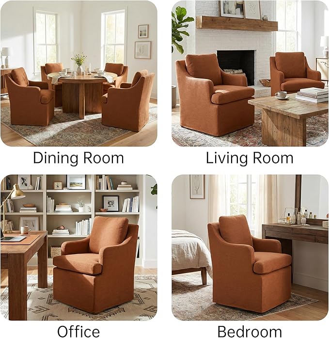 VKNOW Upholstered Dining Chairs, Modern Kitchen Chairs Dinner Chairs with 4 Casters, Chenille Armchair for Bedroom Reading Room Living Room, Orange