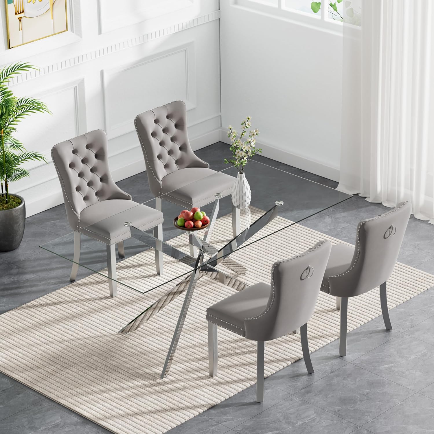 52'' 5 Piece Rectangular Glass Dining Table Set for 4 | Tempered Glass Dinner Table Set for 4 Kitchen Table Set with 4 Velvet Upholstered Chairs for Kitchen Dining Room