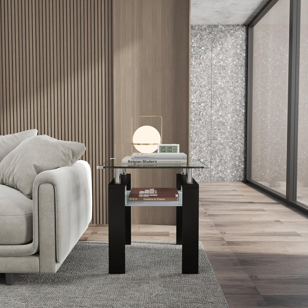 Square Glass End Table,2-Tier Tempered Glass Modern Living Room Side Table wi...