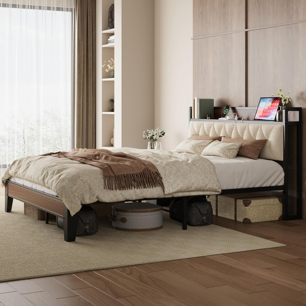 ANCTOR Queen Bed Frame with Headboard & Charging Station,Wood and Cream