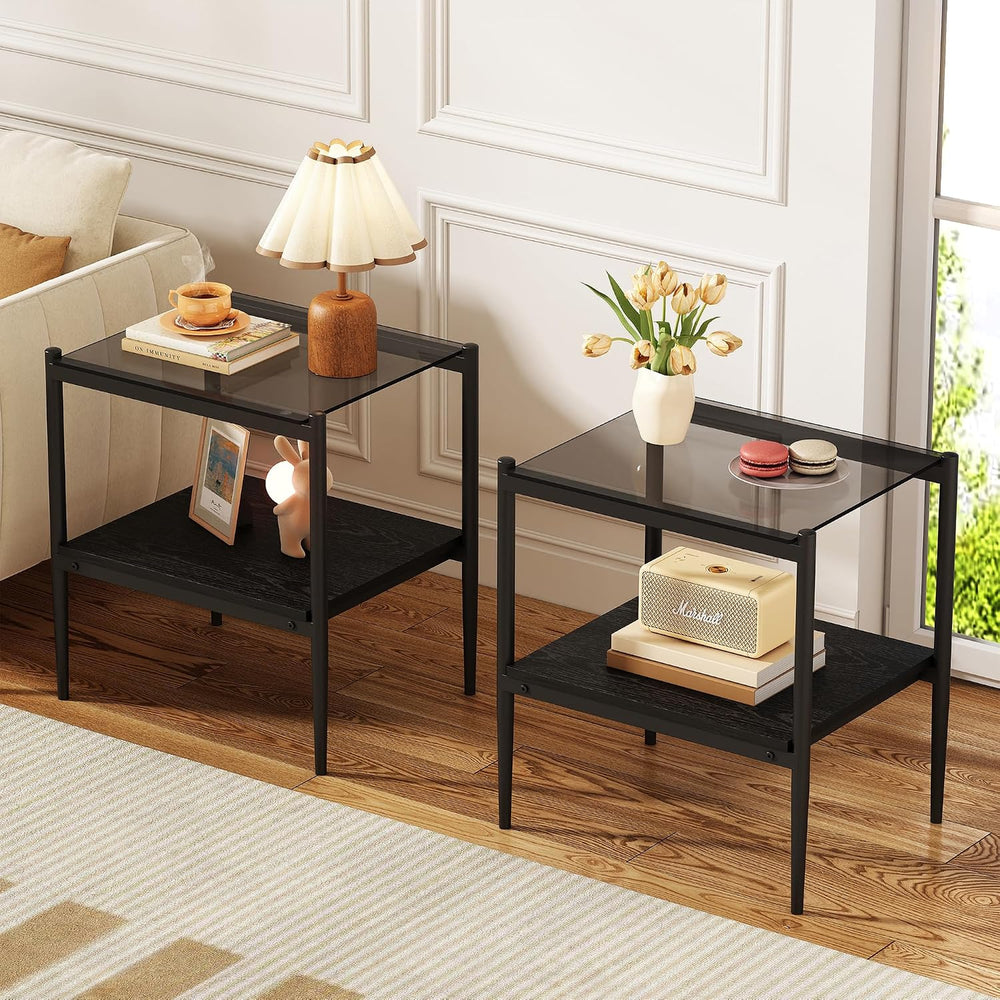 Modern Glass End Table, Tempered Glass Top, Sofa Side Table with MDF Storage ...