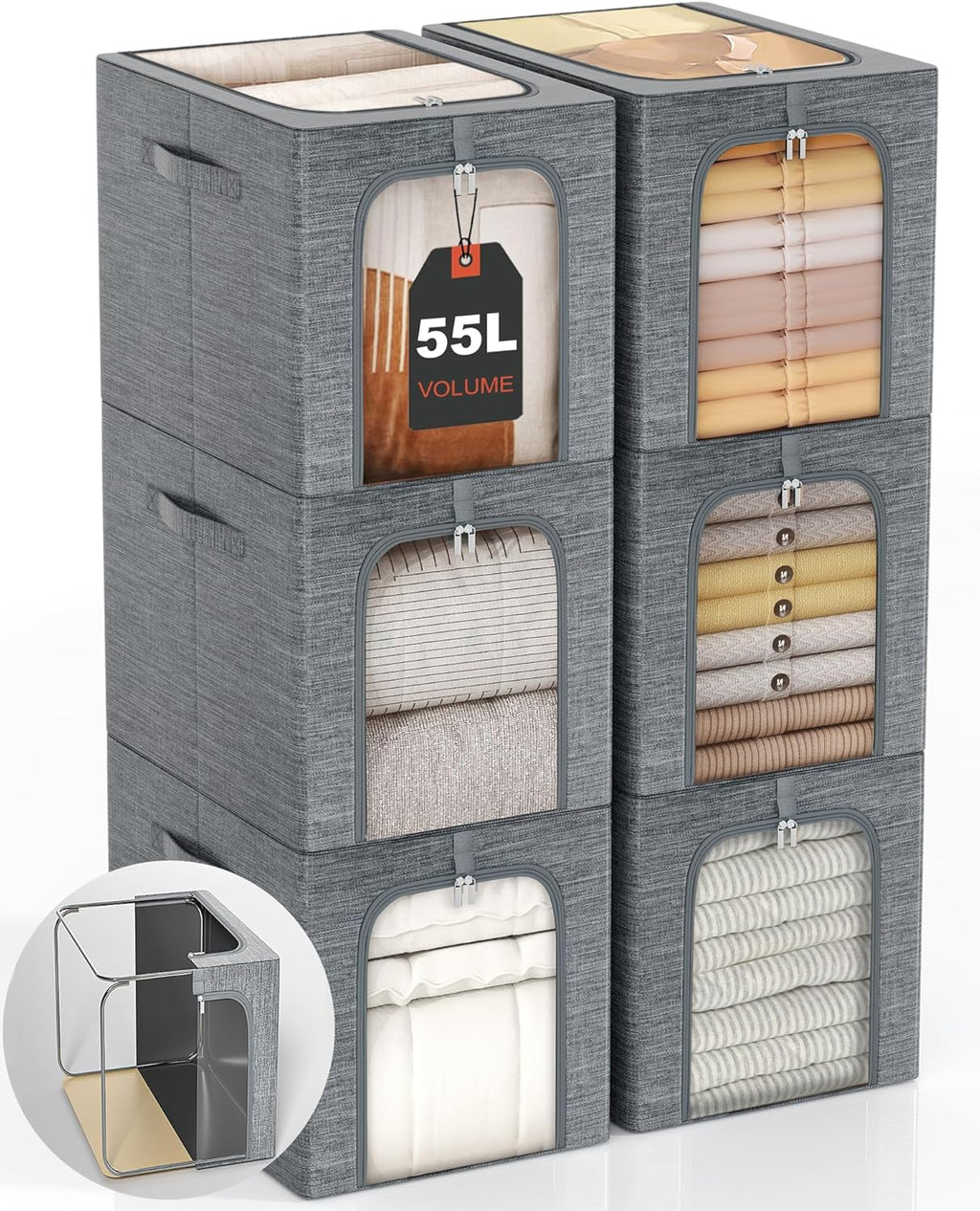 GoMaihe Clothes Storage Bins Metal Frame: 55L Extra Large Stackable Closet Storage Bin with Lid & Clear Window, Heavy Duty Blanket Box for Winter Coats Comforters (Fits Deep Closet 6-Pack)