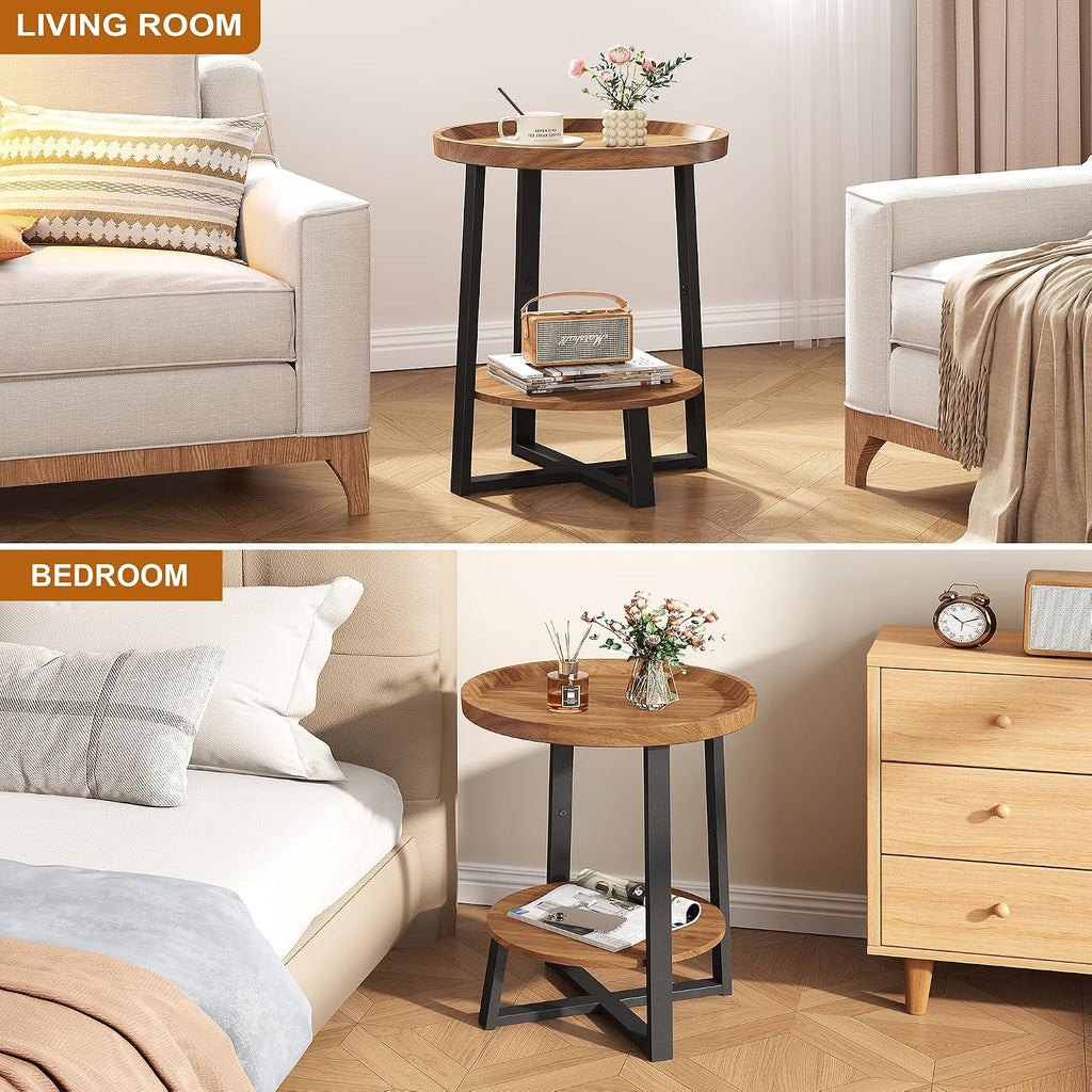 Yusong Round Side Table, Industrial Cherry End Table, Accent Nightstand Bedside Table for Living Room, Bedroom, Sofa Couch