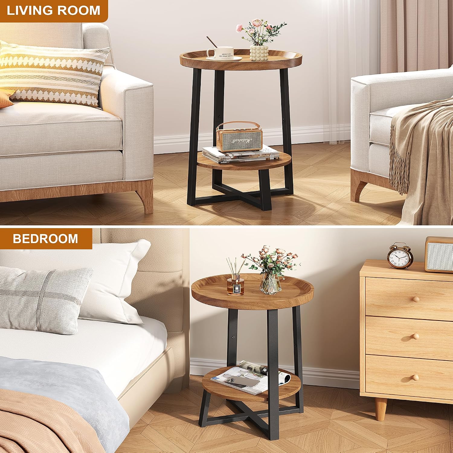 Yusong Round Side Table, Industrial Cherry End Table, Accent Nightstand Bedside Table for Living Room, Bedroom, Sofa Couch