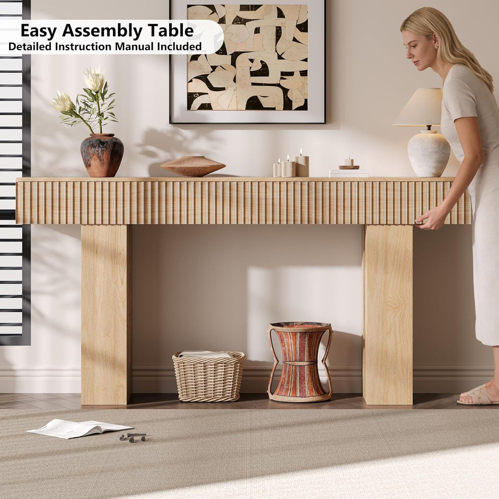 63-Inch Long Entryway Console Table with a Fluted Design, Thick Wood Farmhous...