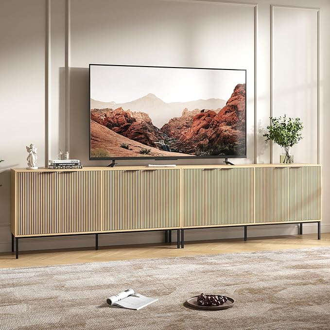 TV Stand for 120" TV, Mid Century Modern 126'' Television Stand, Entertainment Center with Storage and Adjustable Shelves, Media Console TV Cabinet for Living Room