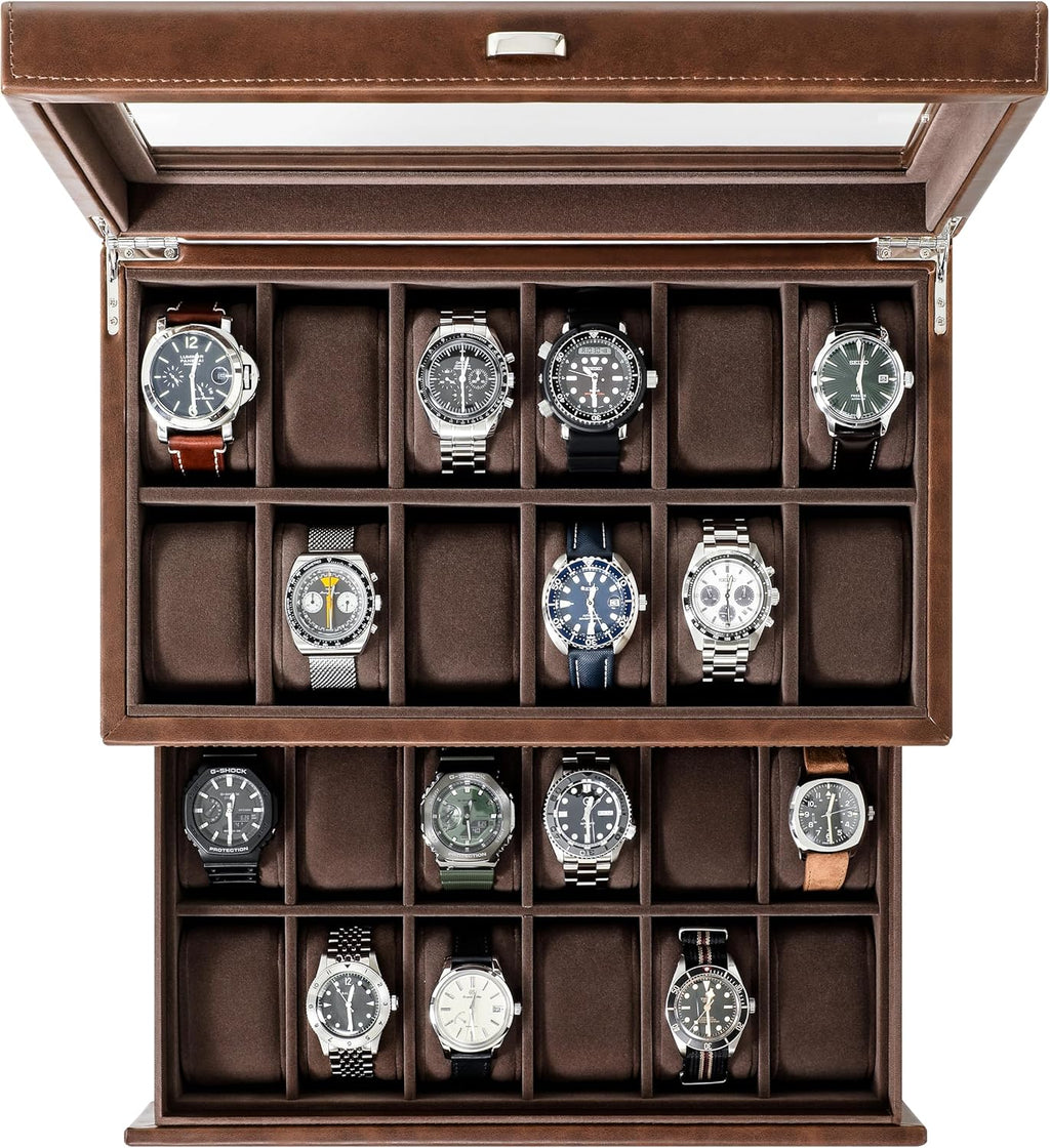 TAWBURY 24 Slot Watch Box for Men - Extra Large Watch Case with Double-Layer Design for Optimized Storage | Removable Drawer for Easy Handling (Brown)