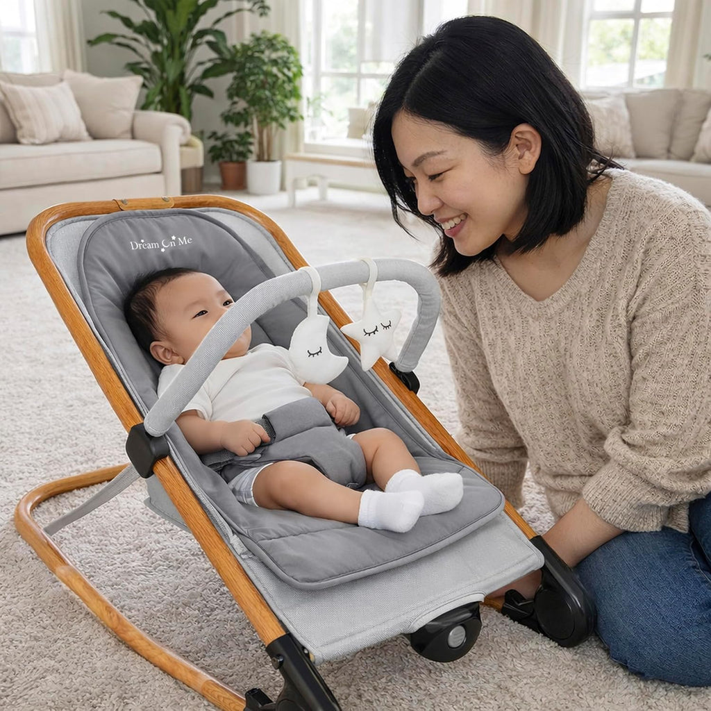 Dream On Me Rock On Me 2-in-1 Baby Rocker and Stationary Seat, Grey | Adjustable Recline, 3-Point Harness, Detachable Toys, Music & Soothing Motion, Quick Compact Fold, 20 Lb Limit, Beechwood