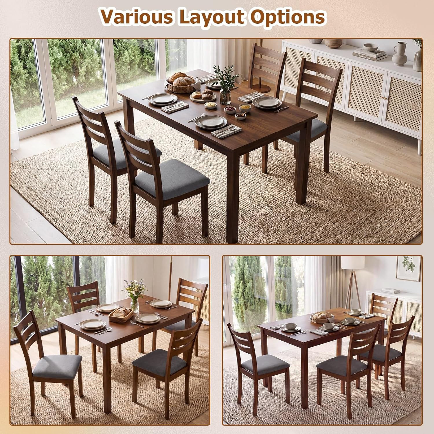 Giantex Dining Table Set for 4, Rectangular Kitchen Table Set w/ 4 Upholstered Chairs & Solid Rubber Wood Frame, Space-Saving Farmhouse Dinette Set for Small Space, Dining Room, Breakfast Nook
