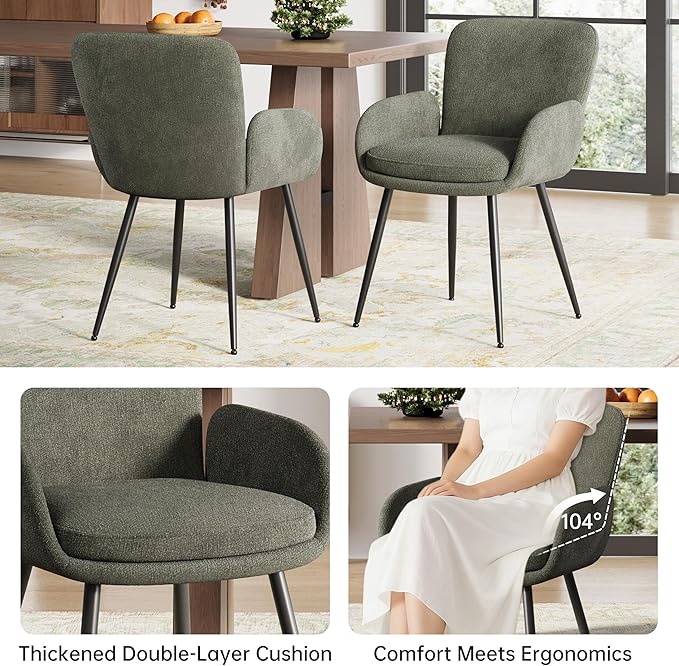 VKNOW Modern Dining Chairs Set of 4, Upholstered Dining Room Chair with Armrest, Kitchen Chairs with Curved Ergonomics Backrest for Living Room, Dining Room, Kitchen, Green