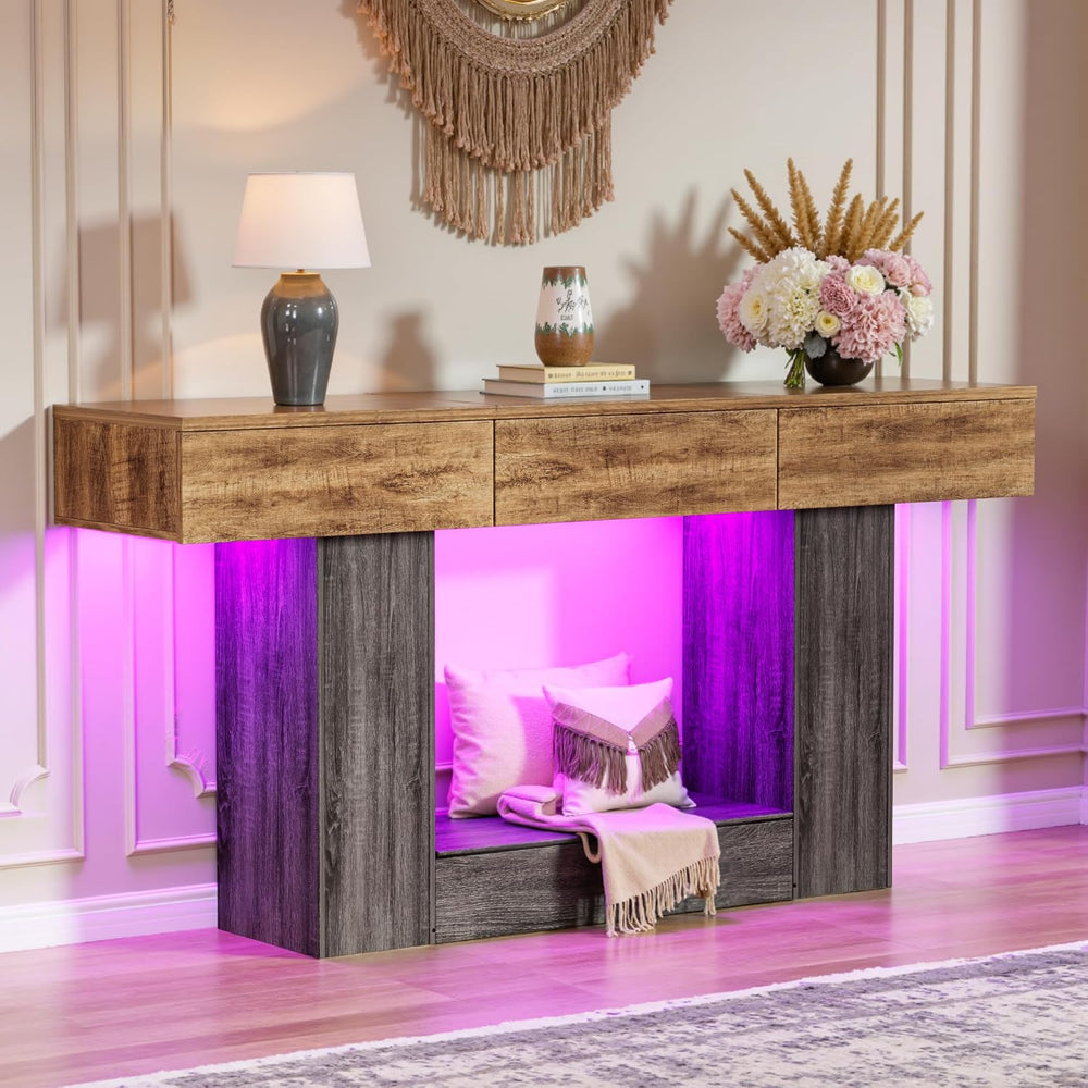 PAKASEPT 63'' Farmhouse Entryway Table with 3 Drawers & LED Light...