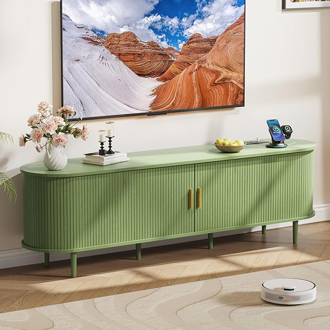DHH 70.8 Inch Mid Century Modern TV Stand with Power Outlet for TVs up to 80 Inch, Entertainment Center with Storage and Adjustable Shelves, Media Console with Sliding Doors for Living Room(Green)