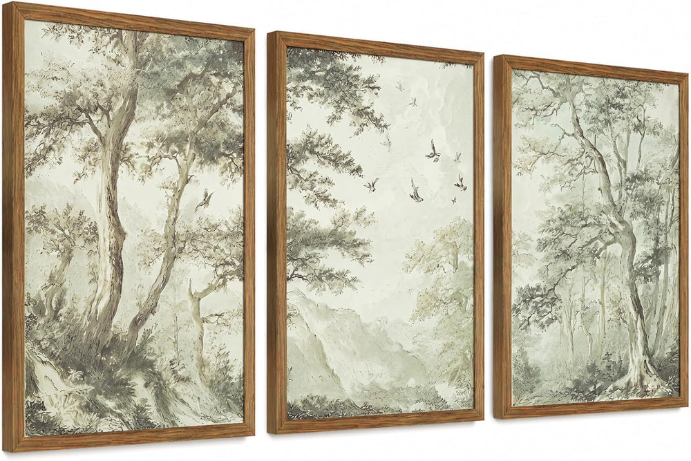 Botanical Forest Wall Art Set of 3 Framed, Vintage Neutral Canvas Prints