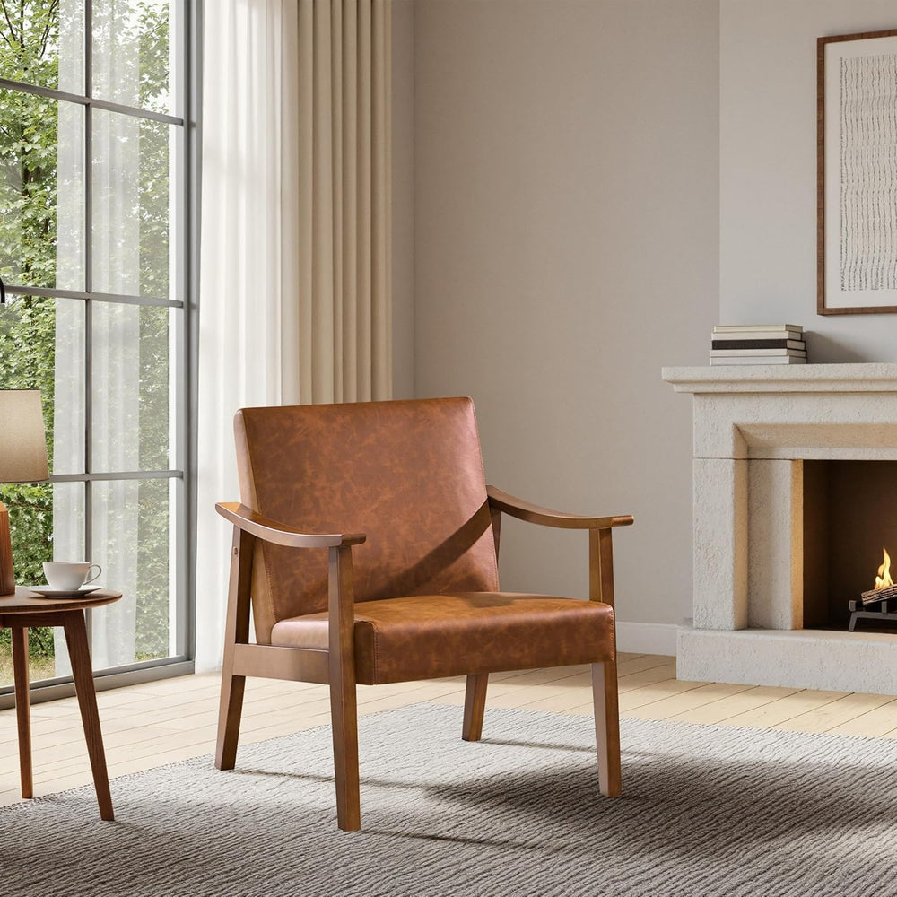 Yaheetech Accent Chairs, Mid-Century Faux Leather Armchairs, Light Brown