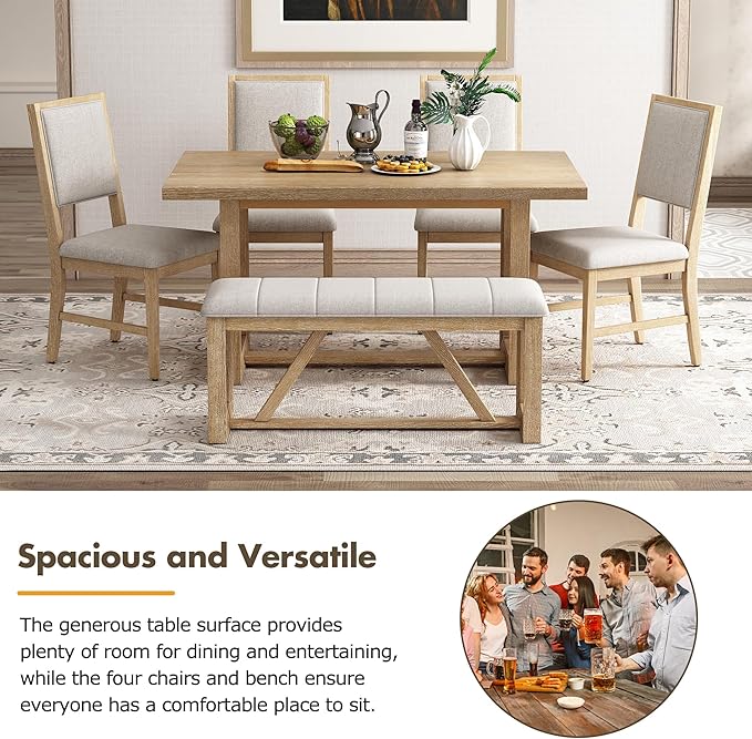 Merax Farmhouse Wood 6-Piece Dining Set, 59.6 inch Rectangular Table, 4 Uphol...