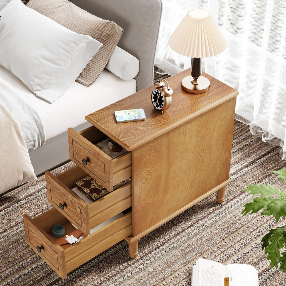 Tribesigns Solid Wood End Table, Fully Assembled Narrow Side Table with Drawe...