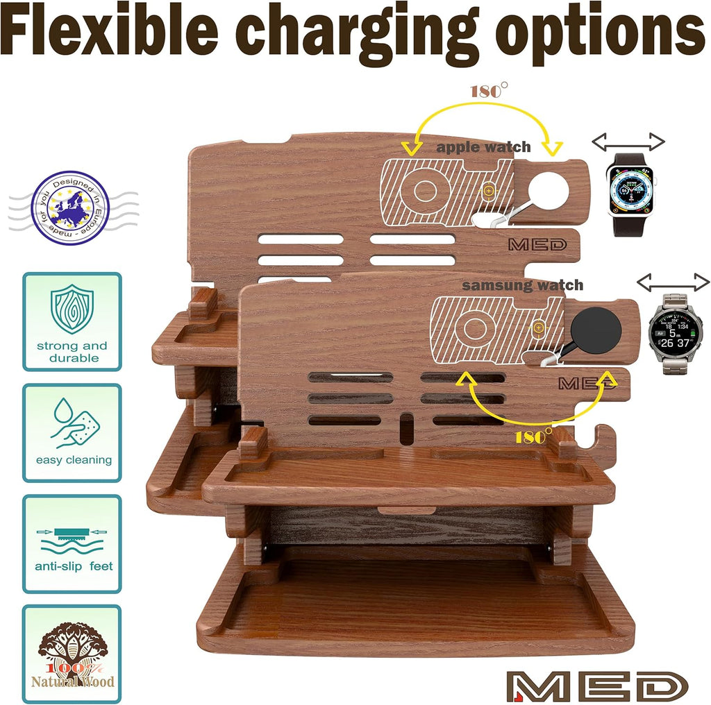 MED Wood Phone Docking Station – Nightstand Desk Organizer for Phone, Watch, Wallet & Tablet – Gift for Men, Husband, Dad & Women – Wooden Charging Stand, (Dark Walnut, Model 2)