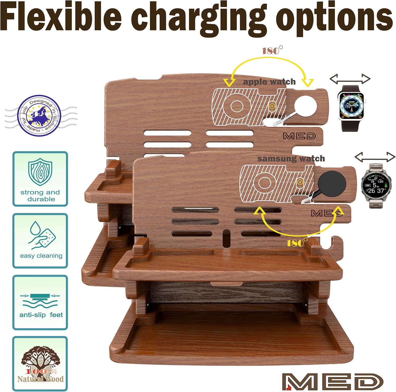 MED Wood Phone Docking Station – Nightstand Desk Organizer for Phone, Watch, Wallet & Tablet – Gift for Men, Husband, Dad & Women – Wooden Charging Stand, (Dark Walnut, Model 2)