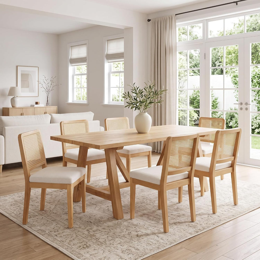 HNY Modern Farmhouse Rattan Dining Chairs Set of 4 Beige Chenille Upholstered...