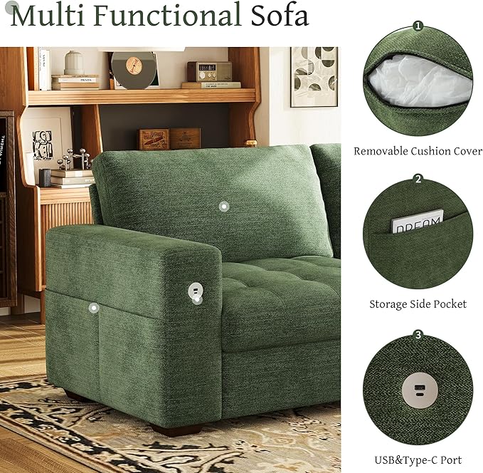 Hanherry 89" Sofa for Living Room, Modern Comfy Couch with Medium Firm Seat Cushion, Removable Cover,Wide Armrest,USB/Type-C Port,Chenille Fabric Couches for Small Space,Apartment