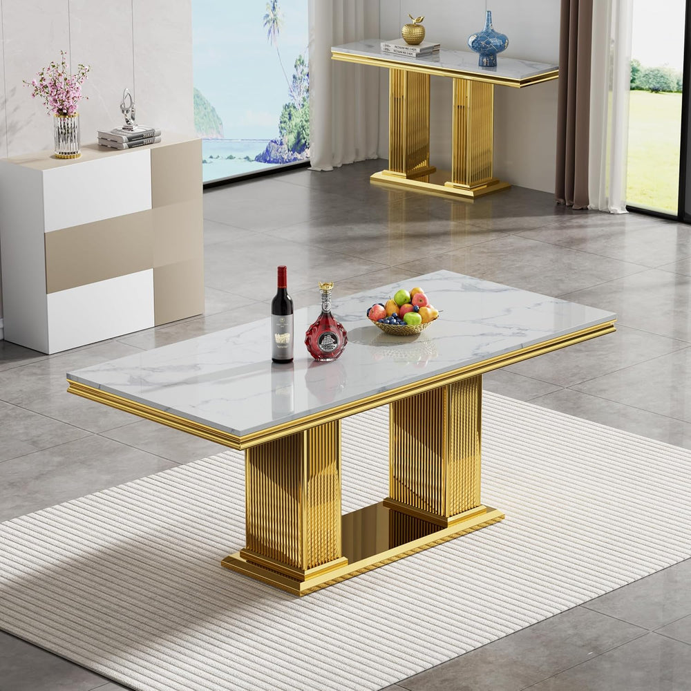 68 in Faux Marble Dining Table for 4-6, White Marble Dining Table with Gold S...
