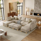 SITJOY 145" Faux Leather Modular Sectional Sofa with Storage, Mid Century Modern Sectional Couches for Living Room, Soft Padded Armrests, 11 Seat U Shaped Sofa Set with Chaise, Greige