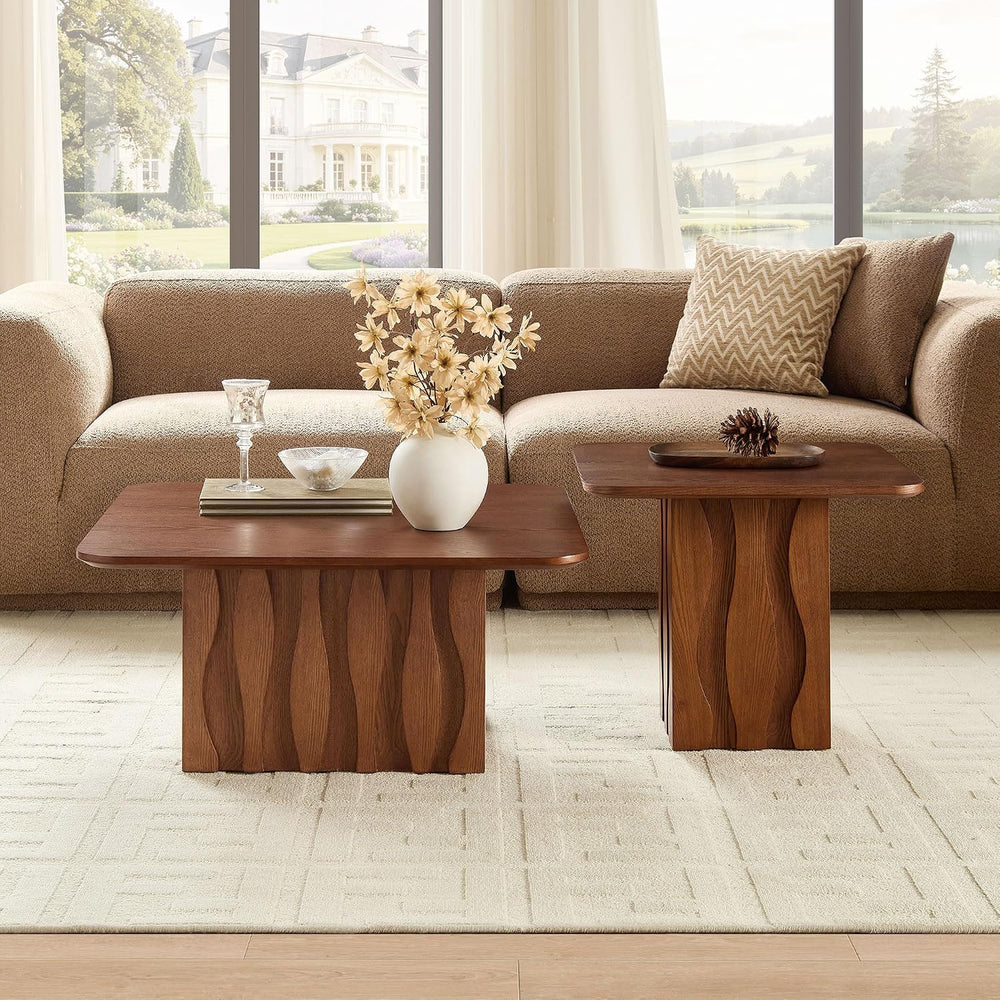 2-Piece Fluted Nesting Coffee Table with Hand-Carved Wavy Base, Mid-Century M...