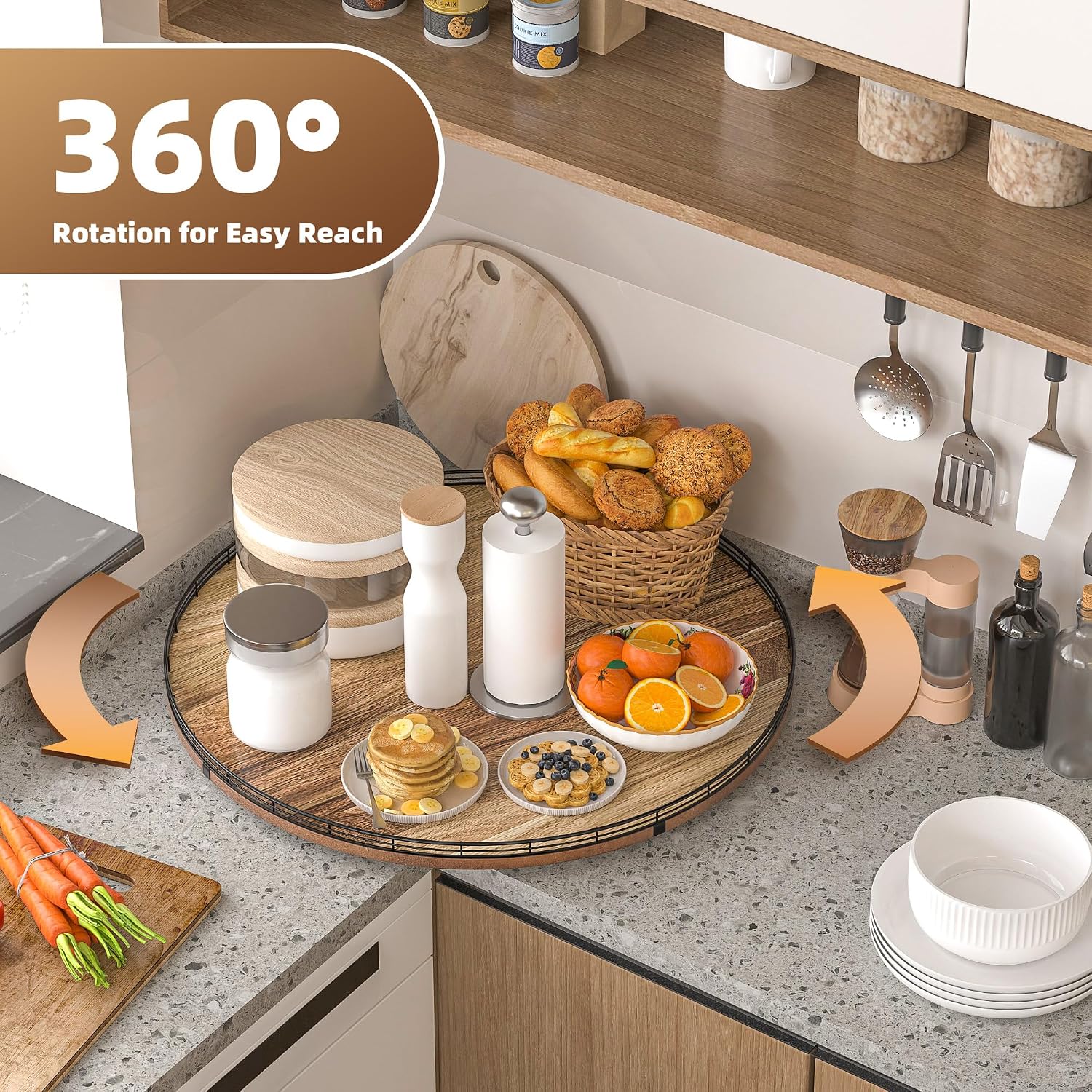24 Inch Lazy Susan Turntable, Heavy Duty Acacia Wood Round Tray for Kitchen | Easy 360 Degree Spin; Raised Iron Rim; 3 Anti Slip Pads; No Assembly; Farmhouse Decor; Pantry, Cabinet, Gift Box