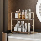 FSyueyun 2-Tier Bathroom Countertop Organizer,Bathroom Organizers and Storage with Tool-Less Installation, Premium Plastics for Makeup, Perfume, Skincare on Dresser Vanity Tray (Gold & Brown)
