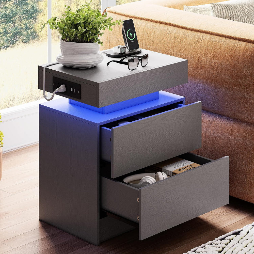 LIKIMIO Nightstand with Charging Station LED Light and 2 Drawers Grey | charg...