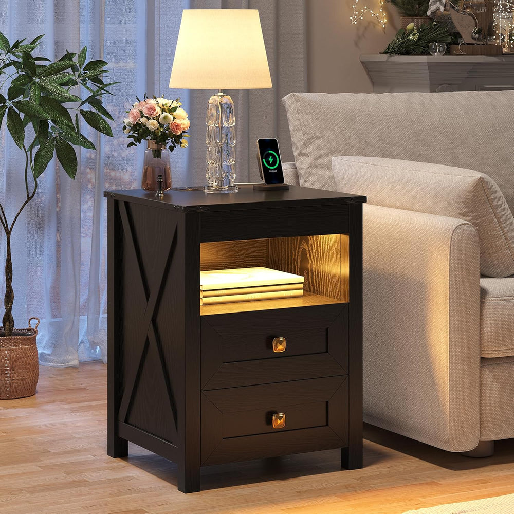 Farmhouse LED Nightstand Set 2 with Gun Drawer&Invisible Lock,Modern Beds...