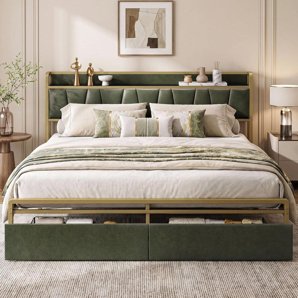 LIKIMIO King Size Bed Frame with 2 Drawers and Charging Station