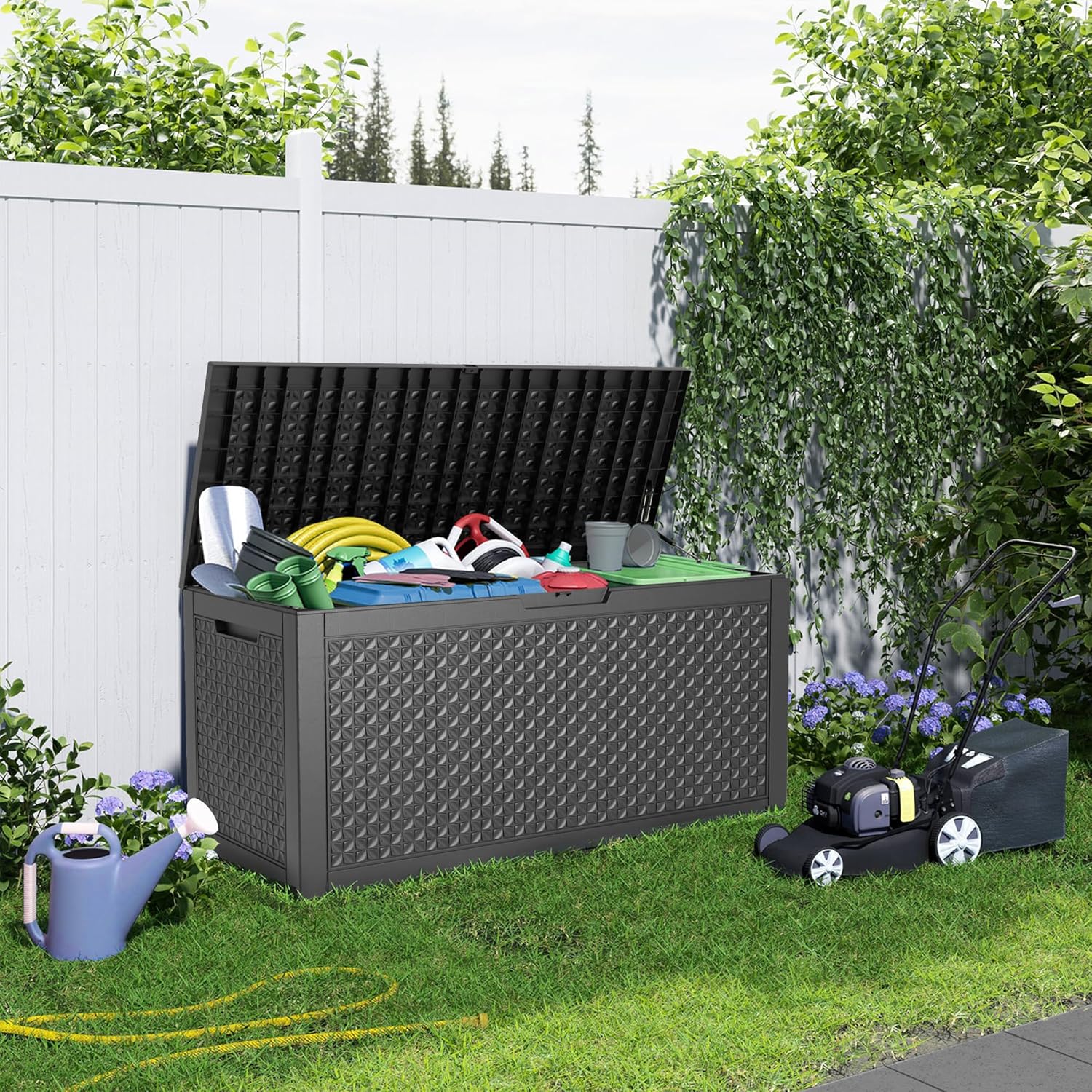 110 Gallon Resin Deck Box, Lockable Patio Outdoor Storage Box for Furniture, Garden Tools and Tools Storage, Waterproof Outside Storage Boxes - Patterned black